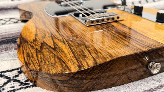 T-Style Black Limba #3, close-up of body edge and wood grain