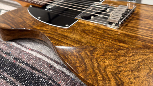 T-Style Black Limba #4, close-up of body edge and wood grain