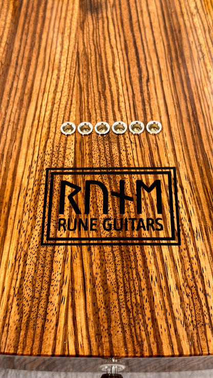 T-Style Zebrawood, Rune Guitars logo and string ferrules on the back