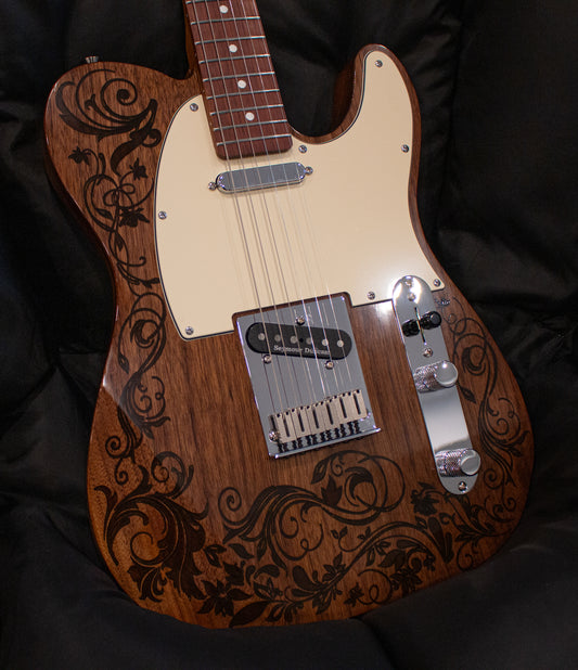 T-Style Walnut Floral, front of body with floral design and cream pickguard
